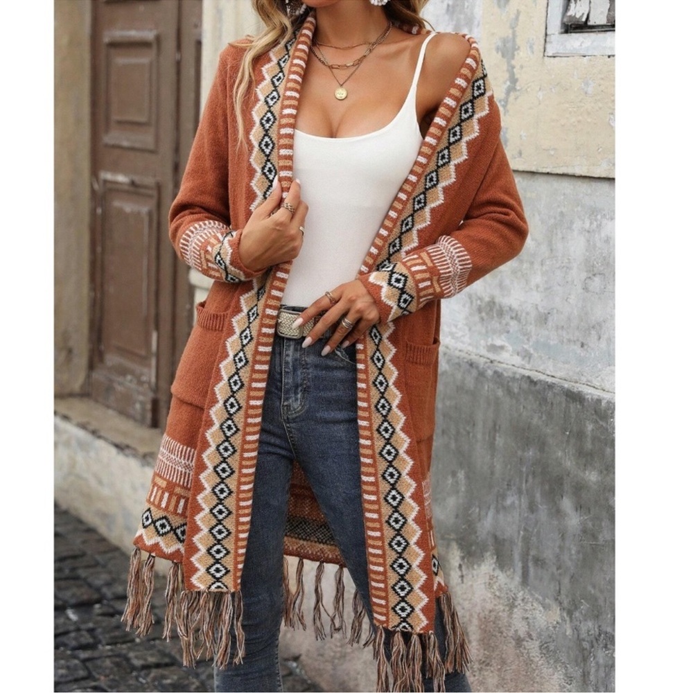 Cozy Geo Print Open Front Tassel Hem Loose Fit Cardigan S M L